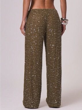 Sequin Wide-Leg Knit Pants - Olive